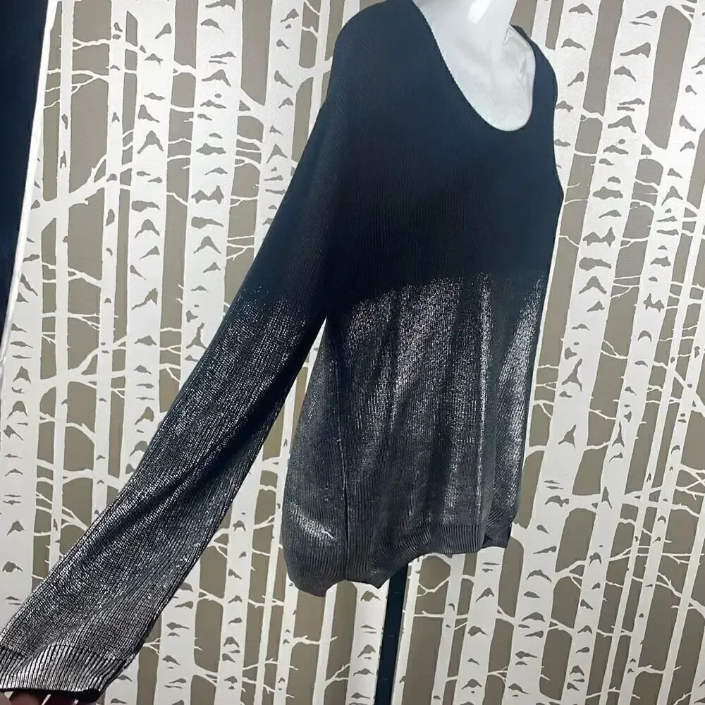 Black and Silver Metallic Ombré Split Hem Sweater S